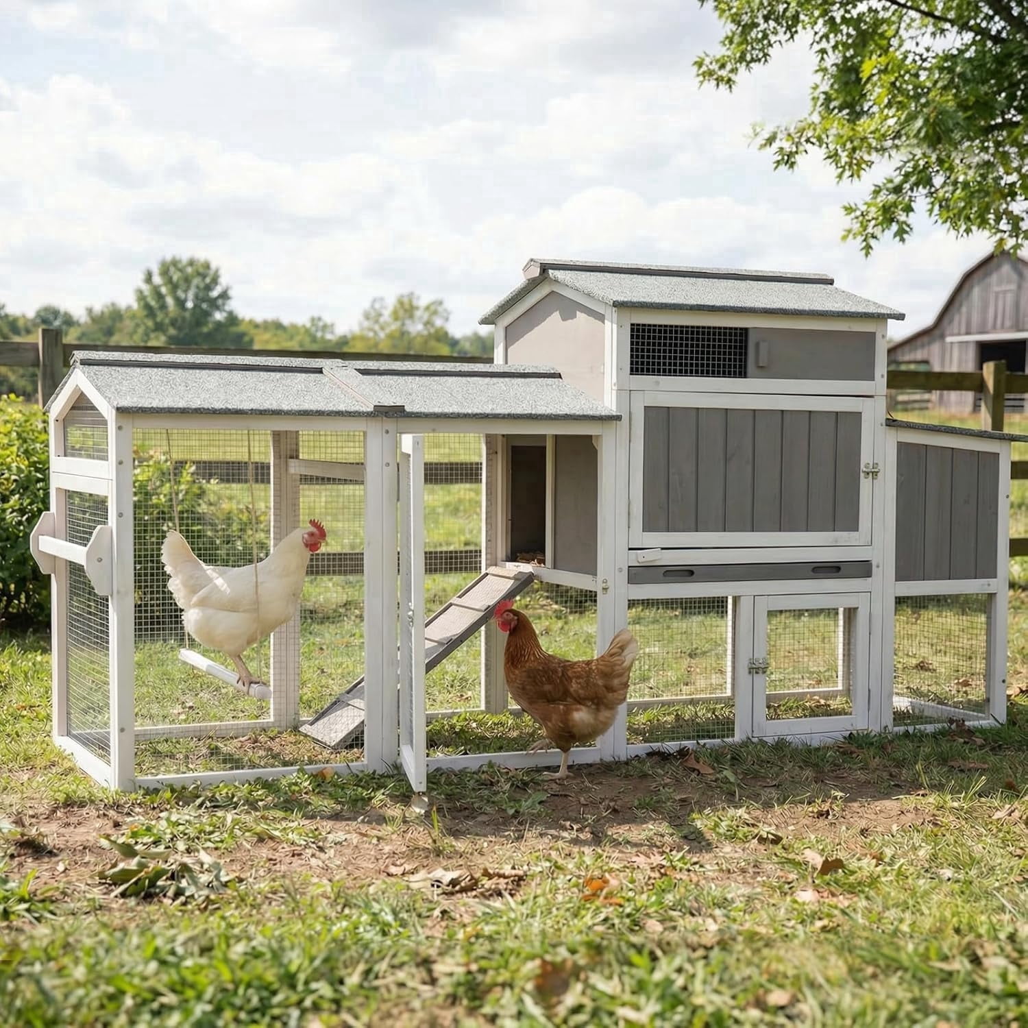 PETSCOSSET Chicken Coop with Run, Weatherproof Mobile Chicken Tractor Hen House with Wheels, Nesting Box, Gray