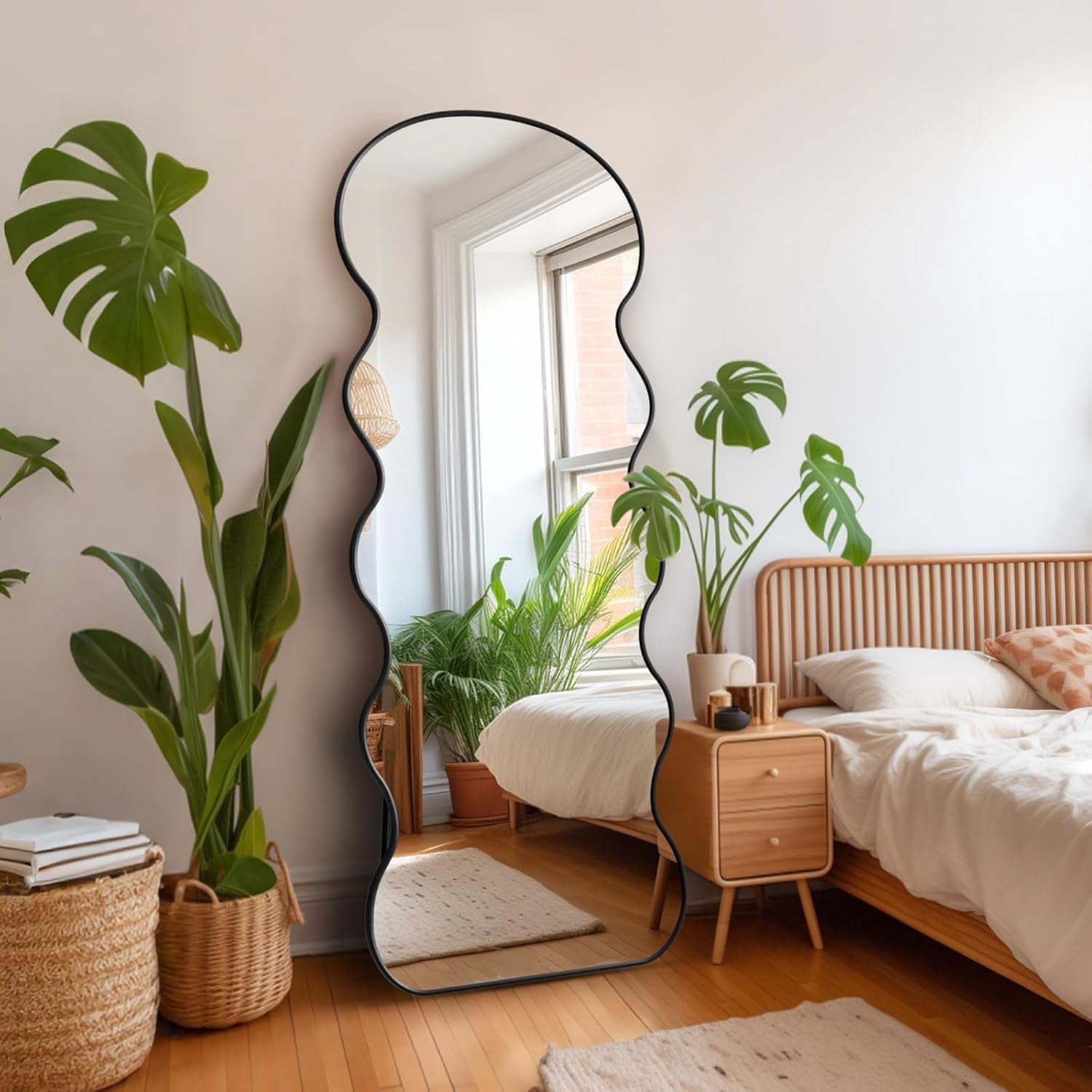 Swafrrt 64x21 Inch Wavy Full Length Mirror with Stand for Bedroom, Living Room, Cloakroom, Shatterproof, Aluminum Frame